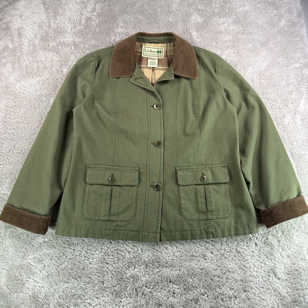 L.L.Bean Womens M Petite Green Barn Coat Jacket Corduroy Collar Plaid Lined